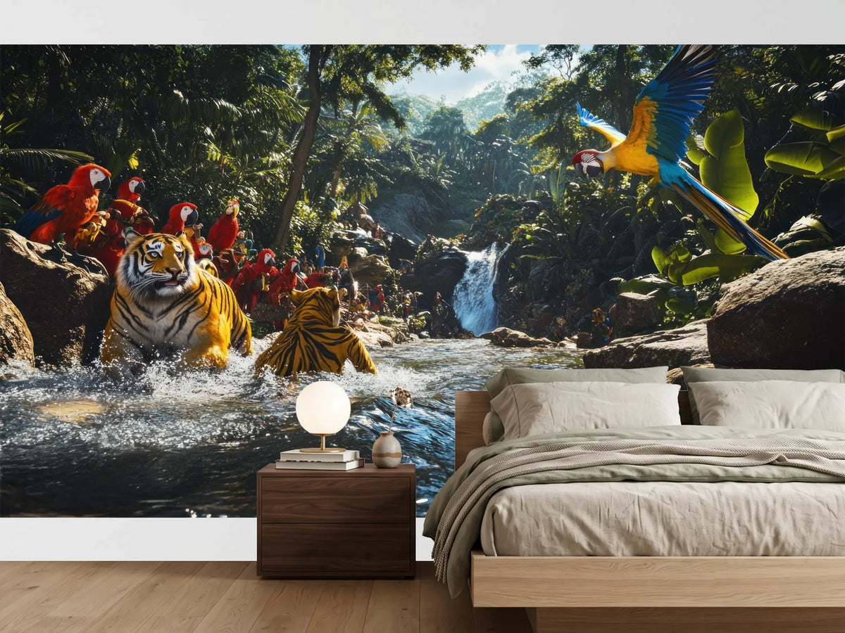 photo-wallpaper-tigers-and-macaws-in-a-jungle-waterfall
