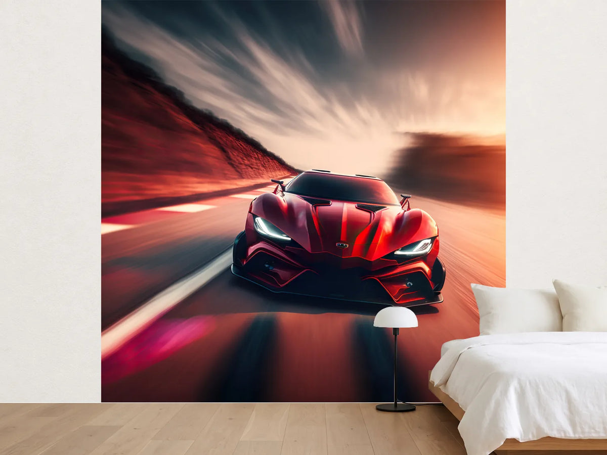 photo-wallpaper-red-sports-car-racing-down-the-track-in-blurred-evening-light