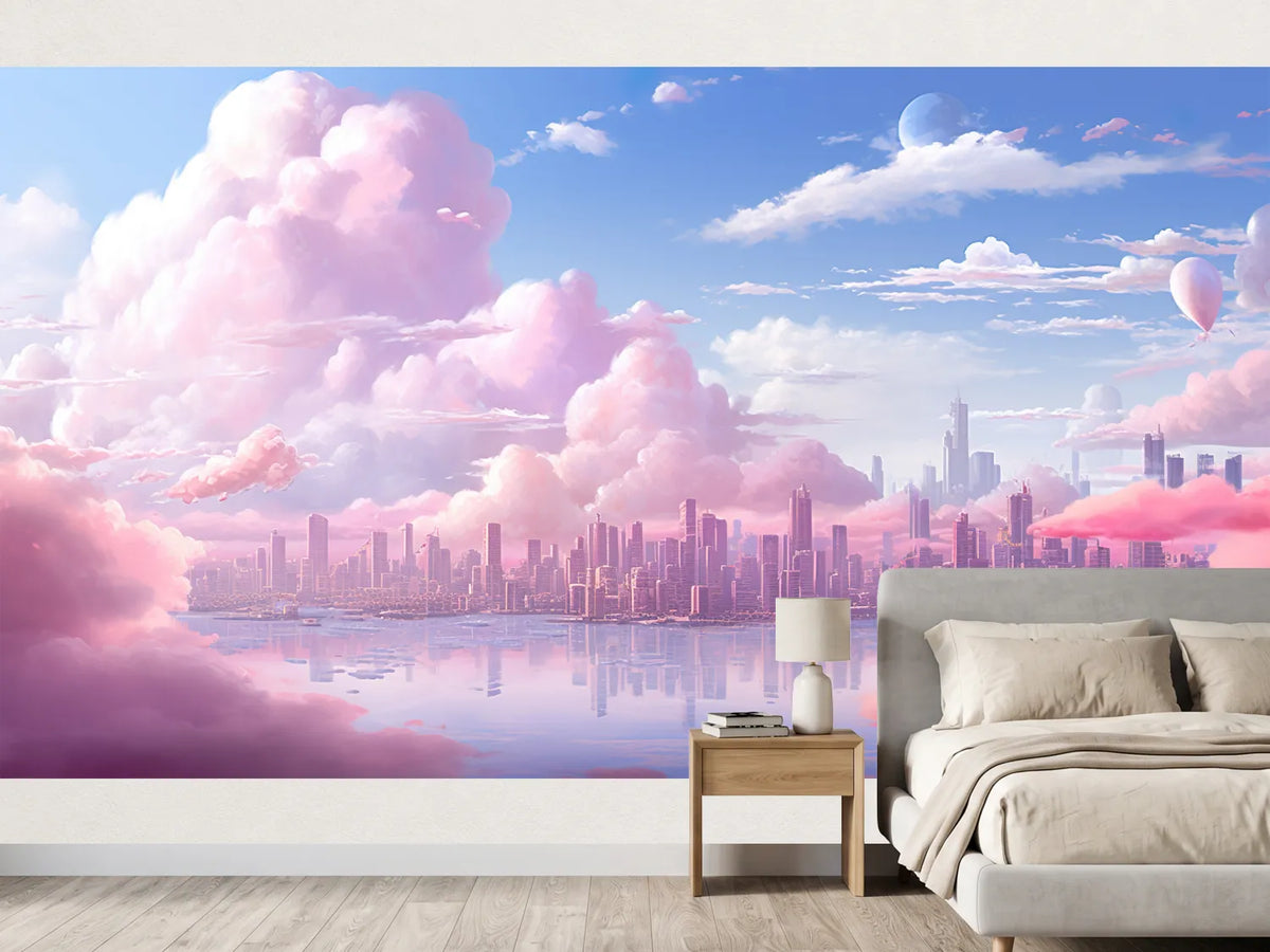 photo-wallpaper-city-skyline-behind-pink-cloud-banks-mirrored-in-still-water