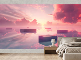 photo-wallpaper-floating-cubes-above-mirror-still-water-in-pink-sunset-light