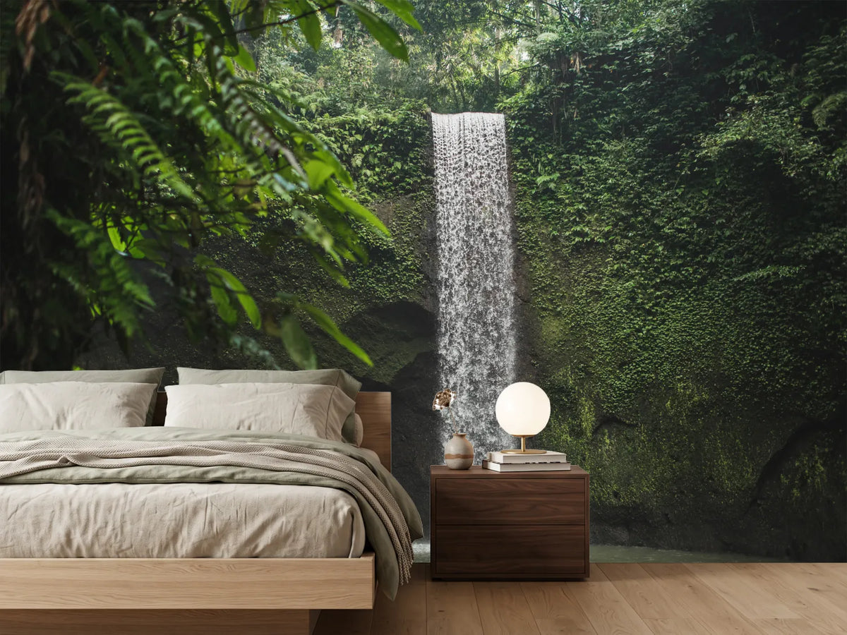 photo-wallpaper-slender-jungle-waterfall-over-a-moss-green-rock-face