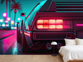 photo-wallpaper-sports-car-rear-glowing-in-neon-light-on-a-palm-lined-street
