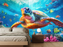 photo-wallpaper-sea-turtle-gliding-over-a-vivid-coral-reef-full-of-tropical-fish