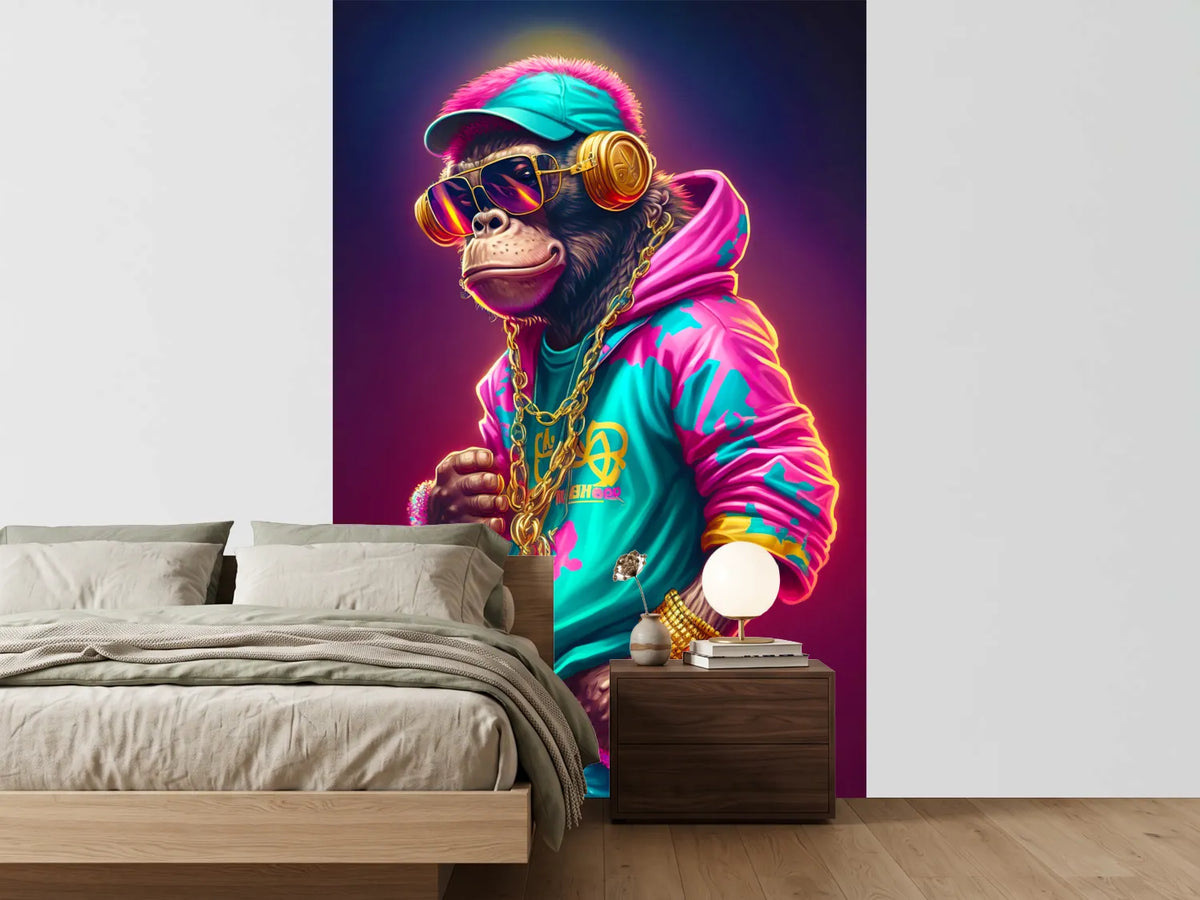 photo-wallpaper-rapper-monkey-with-gold-chain-and-sunglasses-in-neon-colours