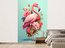 photo-wallpaper-flamingo-adorned-with-roses-and-blossoms-on-soft-mint-green