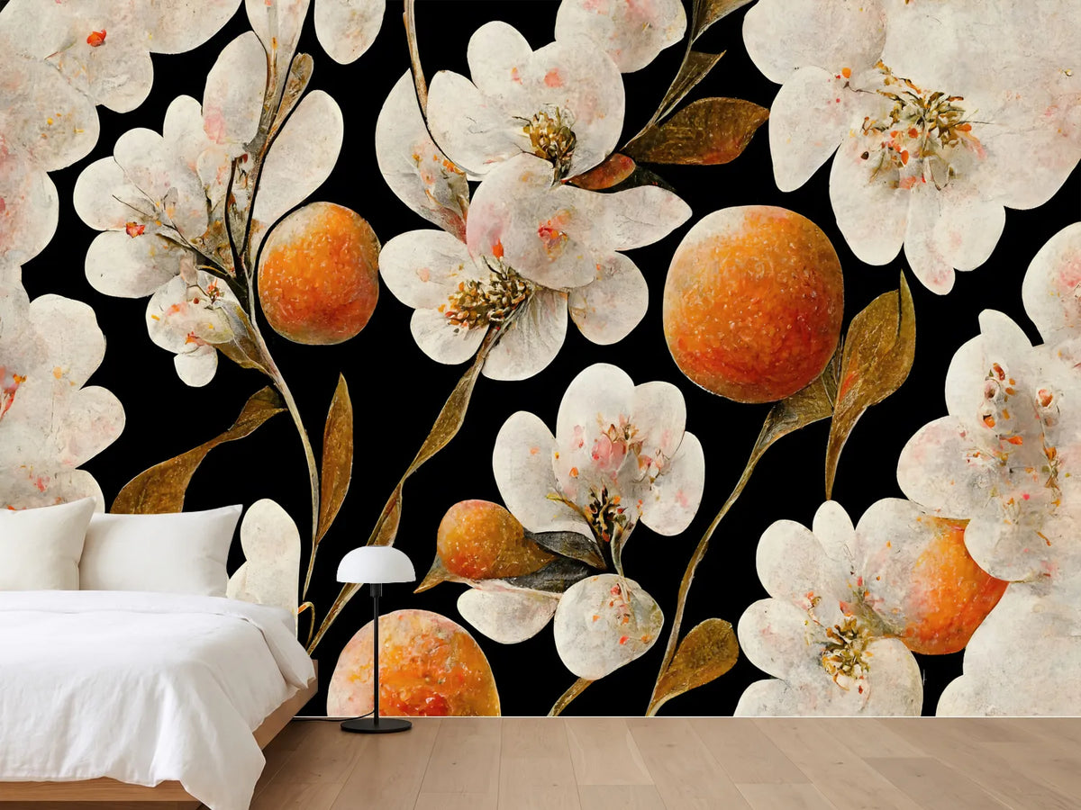 photo-wallpaper-white-flowers-and-oranges-on-deep-black