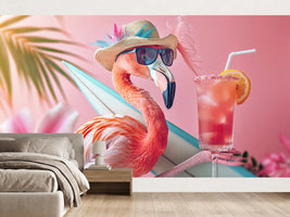 photo-wallpaper-flamingo-in-a-sun-hat-and-sunglasses-beside-a-cool-drink-in-pink