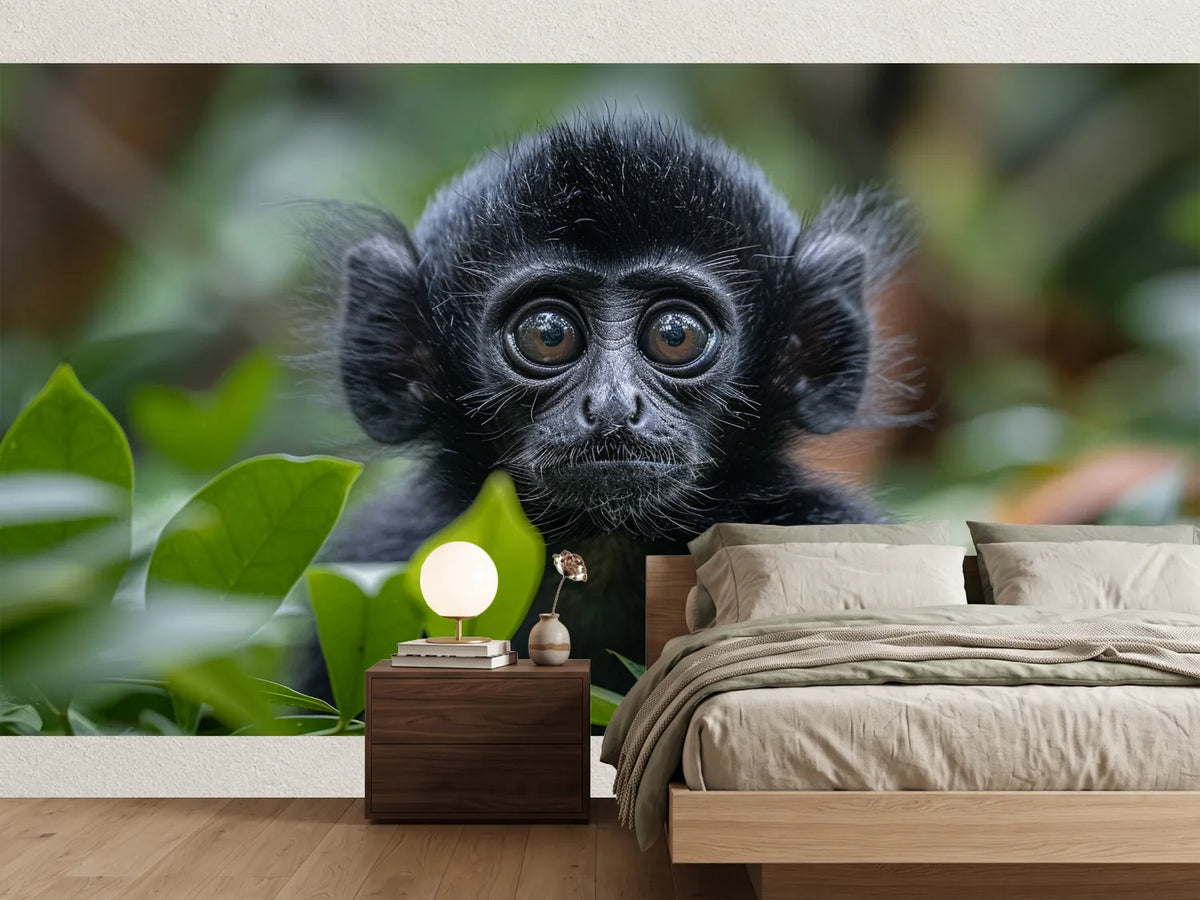 photo-wallpaper-young-black-monkey-among-green-leaves-close-up-in-the-rainforest