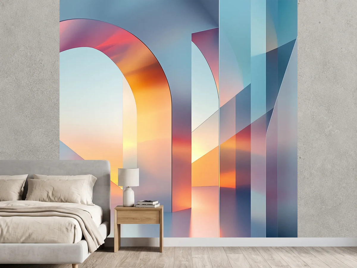 photo-wallpaper-mirrored-arches-at-sunset-glass-architecture-in-orange-and-blue