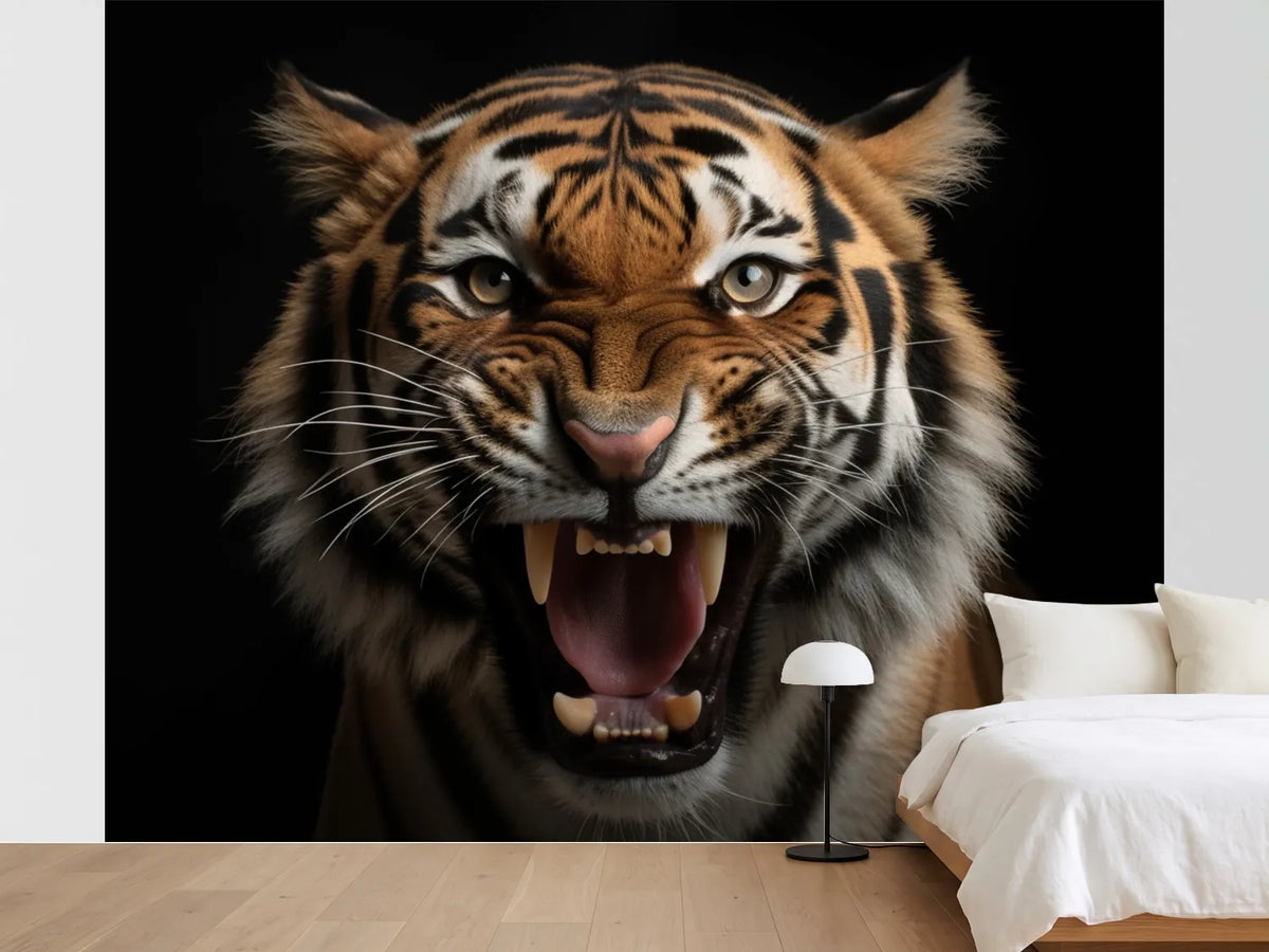 photo-wallpaper-detailed-portrait-of-a-roaring-tigers-face-isolated-on-black-background-generative-ai