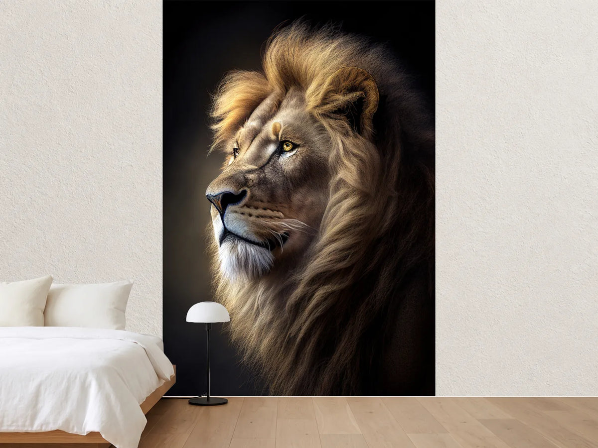 photo-wallpaper-lion-in-profile-with-golden-mane-against-deep-darkness