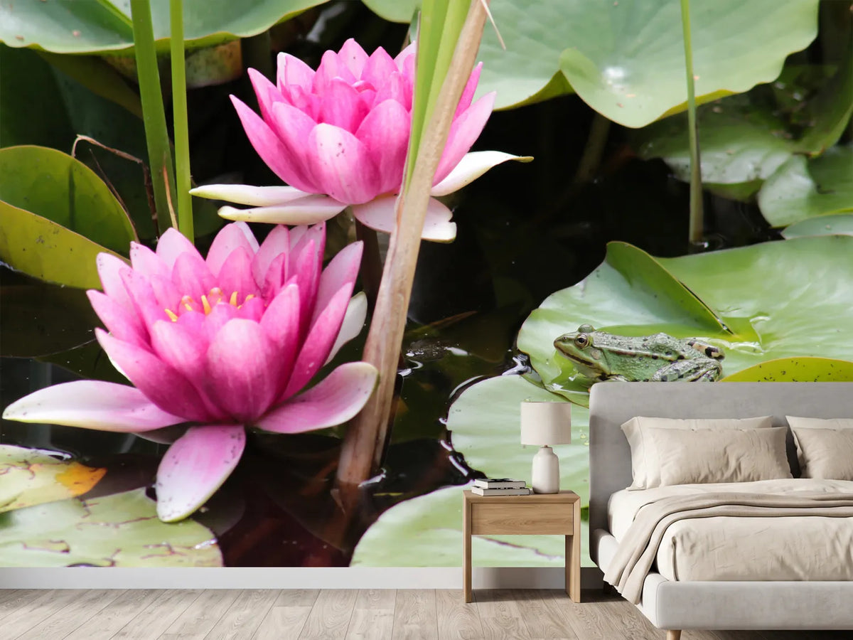photo-wallpaper-the-frog-in-the-protection-of-water-lilies