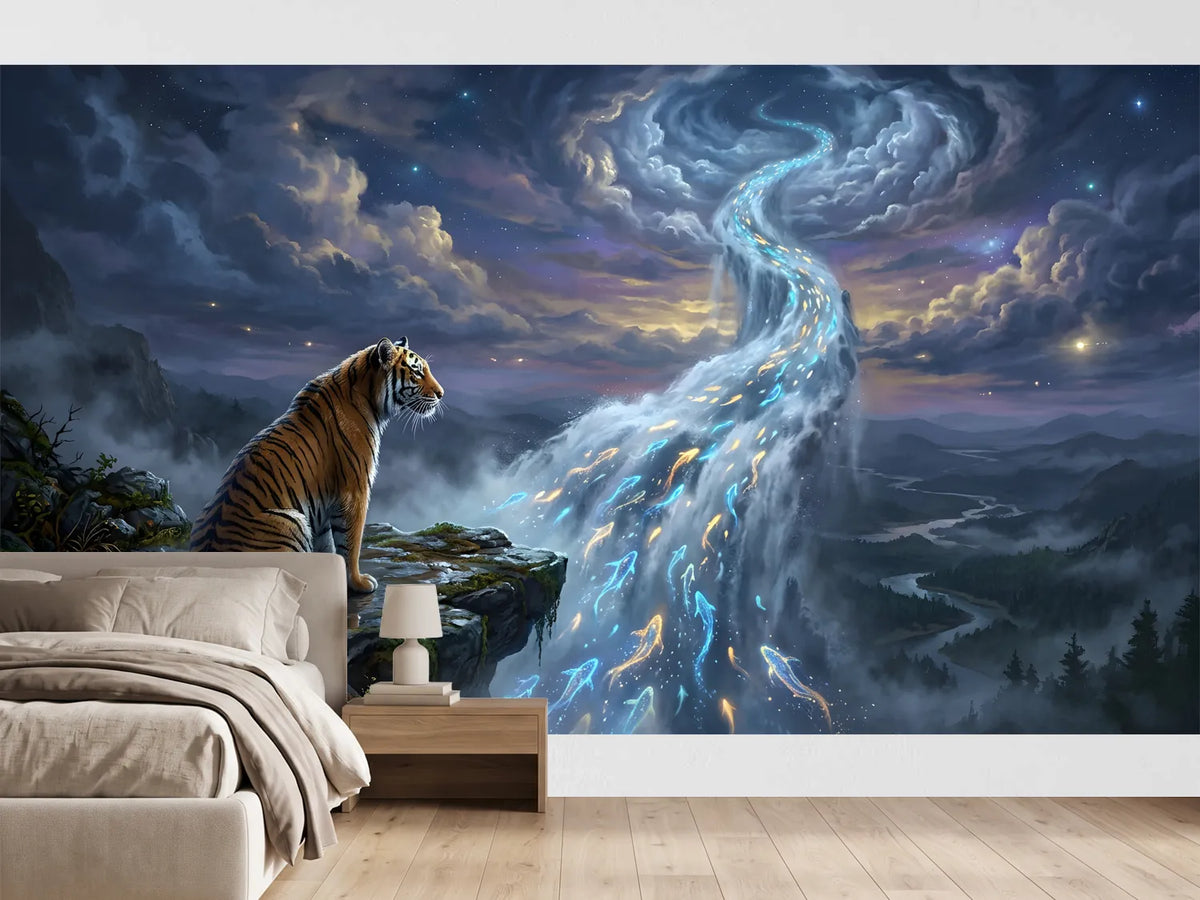 photo-wallpaper-tiger-on-a-cliff-edge-beside-a-starlit-waterfall-of-glowing-fish