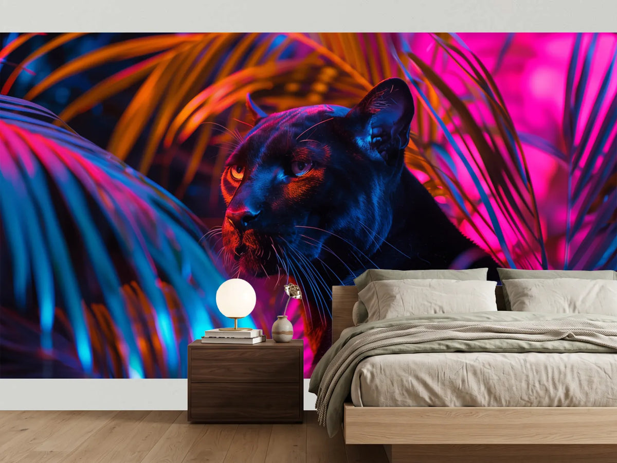 photo-wallpaper-black-panther-on-a-background-of-neon-tropical-leaves