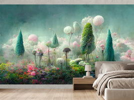 photo-wallpaper-dreamlike-misty-garden-with-drifting-blossoms-and-teal-tree-cones
