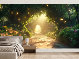 photo-wallpaper-cobbled-path-through-a-blossoming-leafy-tunnel-with-glowing-butterflies