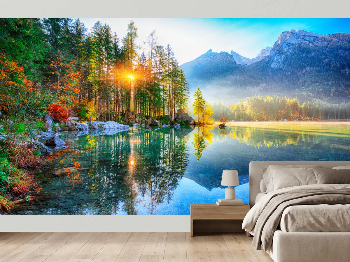 photo-wallpaper-turquoise-mountain-lake-in-autumn-with-sunburst-through-conifers