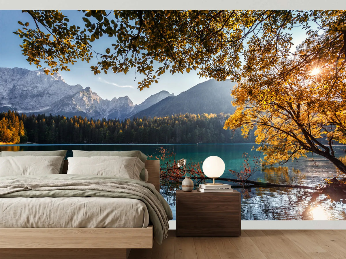 photo-wallpaper-turquoise-mountain-lake-in-autumn-foliage-backlight-over-the-peaks