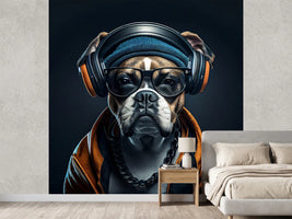photo-wallpaper-portrait-of-dog-wearing-hat-and-headphone-with-generative-ai