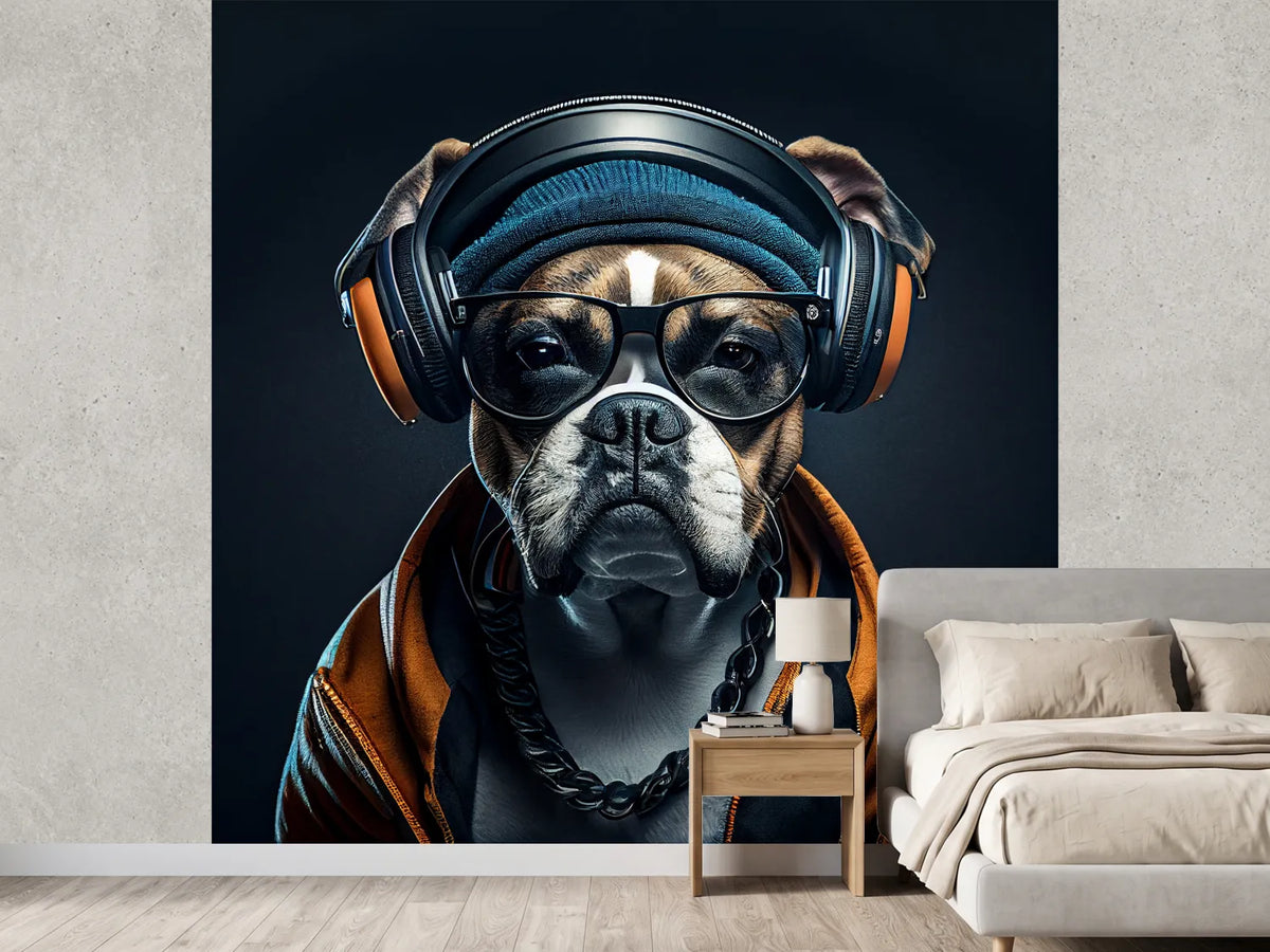 photo-wallpaper-portrait-of-dog-wearing-hat-and-headphone-with-generative-ai