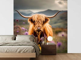 photo-wallpaper-beautiful-watercolor-highland-cow-with-flowers-on-her-heand-floral-headboard