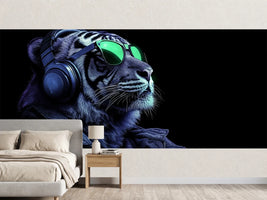 photo-wallpaper-tiger-wearing-headphones-and-neon-green-sunglasses-in-blue-darkness